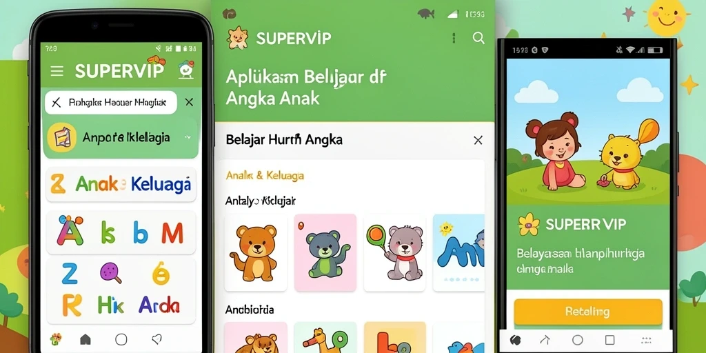 Tampilan antarmuka SUPERVIP dengan aktivitas belajar huruf dan angka.